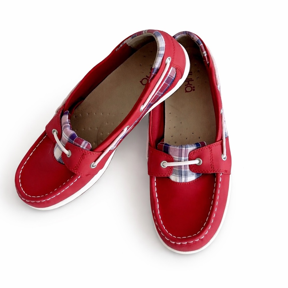 Ryka Red Leather Moccasin-Style Boat Shoes with Plaid Trim